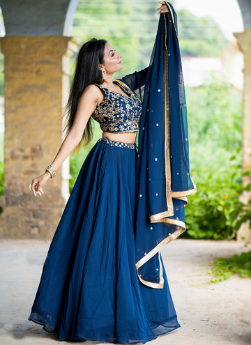 Zari Embroidered Party Wear Navy Blue Georgette Lehenga Choli